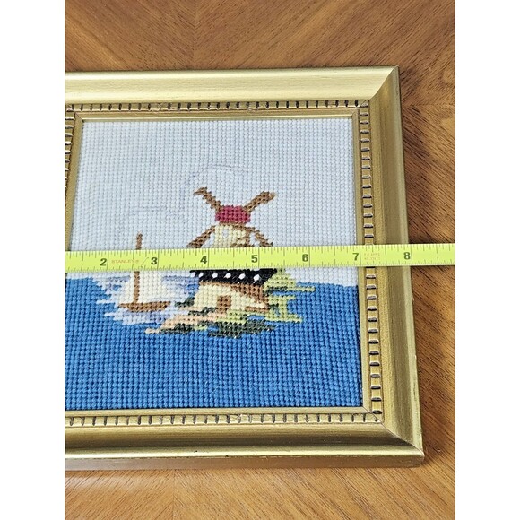 Vintage Framed Needlepoint Windmill & Sailboat Scene Signed 8' x 9' - Picture 8 of 11